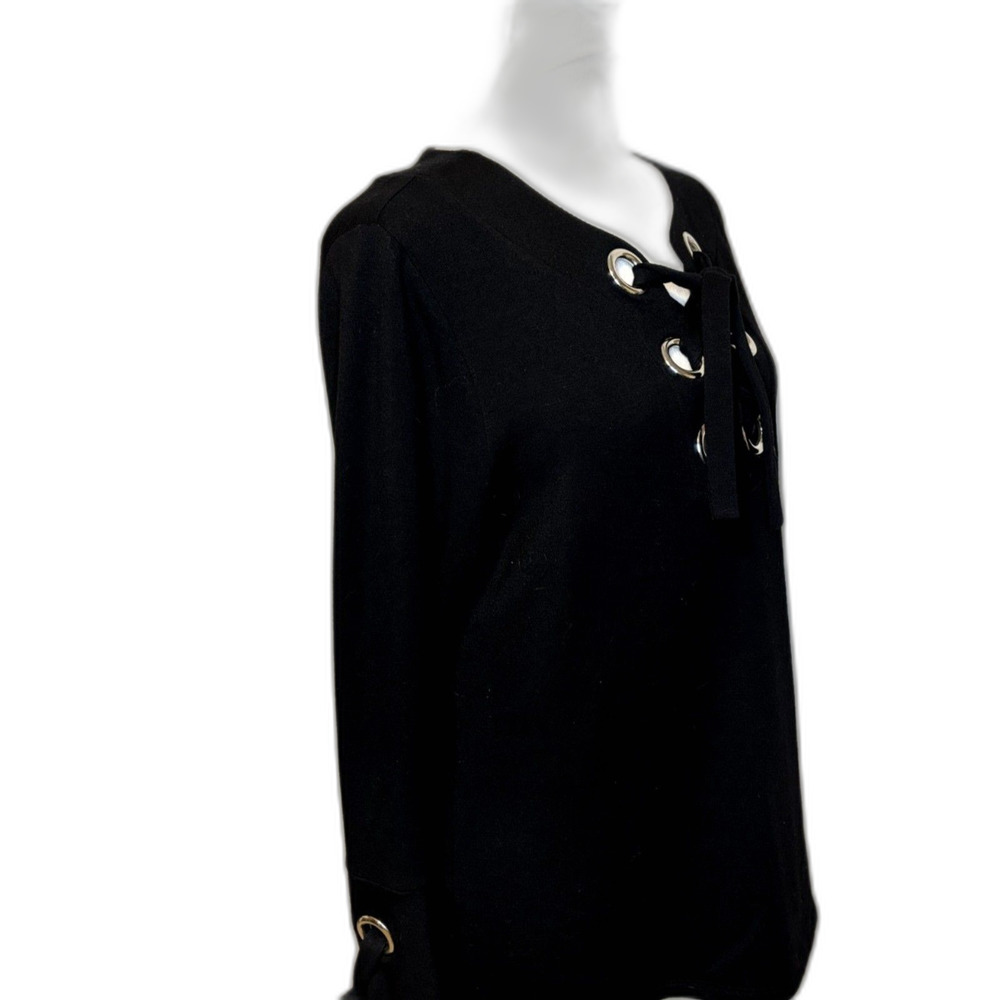 INC International Concepts Lace-Up Grommet Bell Sleeve Top Black Womens - Picture 3 of 8